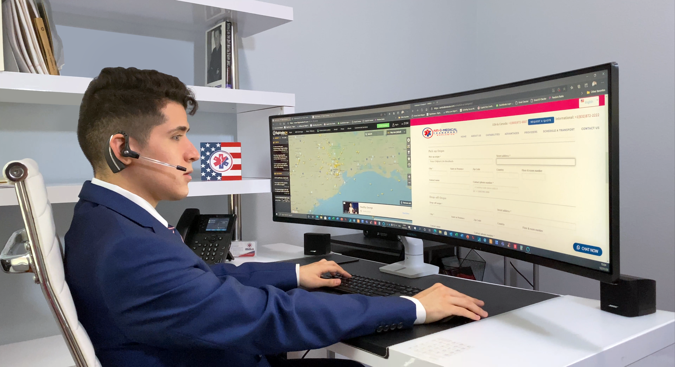 Fixed-wing air ambulance coordination team monitoring a patient transfer